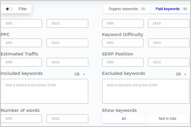 KWFinder advanced search filters