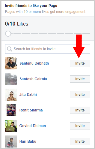 invite friends to like your page