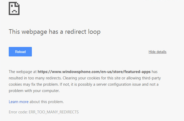 this webpage has a redirect loop