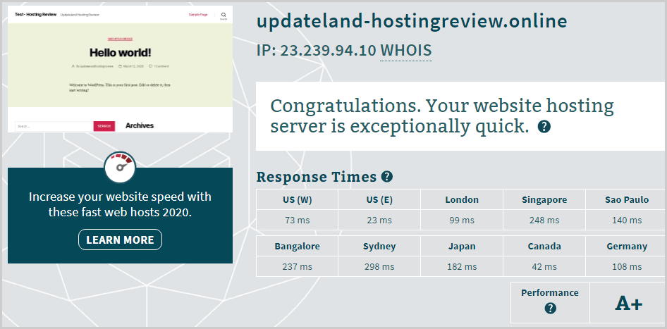 Hostnamaste Hosting Server Response Time Test Result