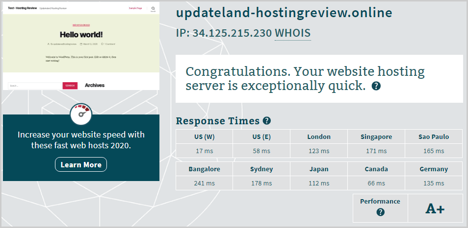 Kinsta Server Response Time Test Result