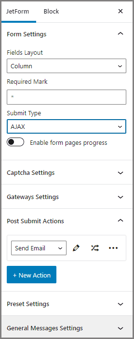 WordPress form plugin settings