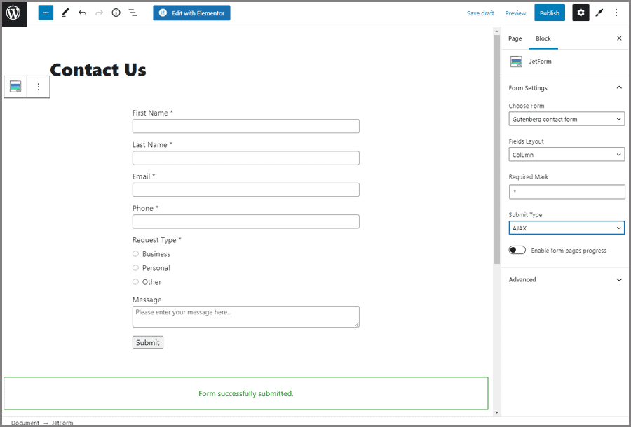 Gutenberg contact form layout