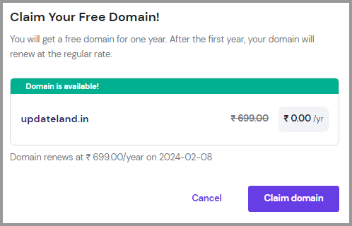 claim free domain at hostinger
