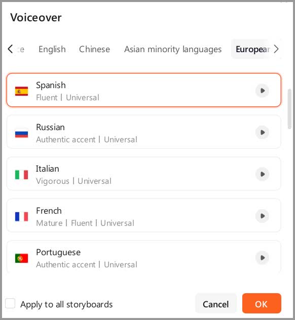 Wondershare Virbo voices and accents