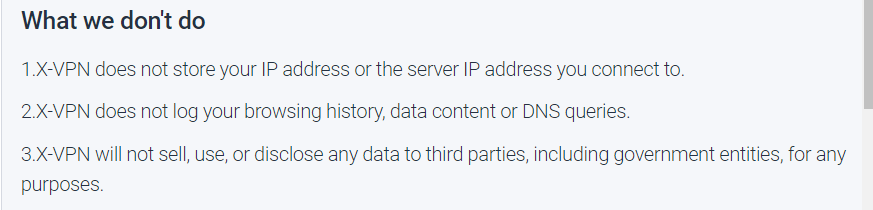 X VPN no logs policy 