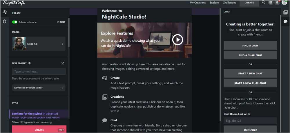 Nightcafe User Interface