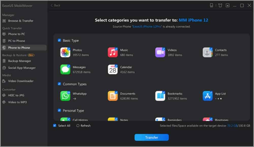 How to Transfer Everything from iPhone to iPhone Without iCloud 3 Step 2 Select one category or multiple categories that you want to copy, and click Transfer